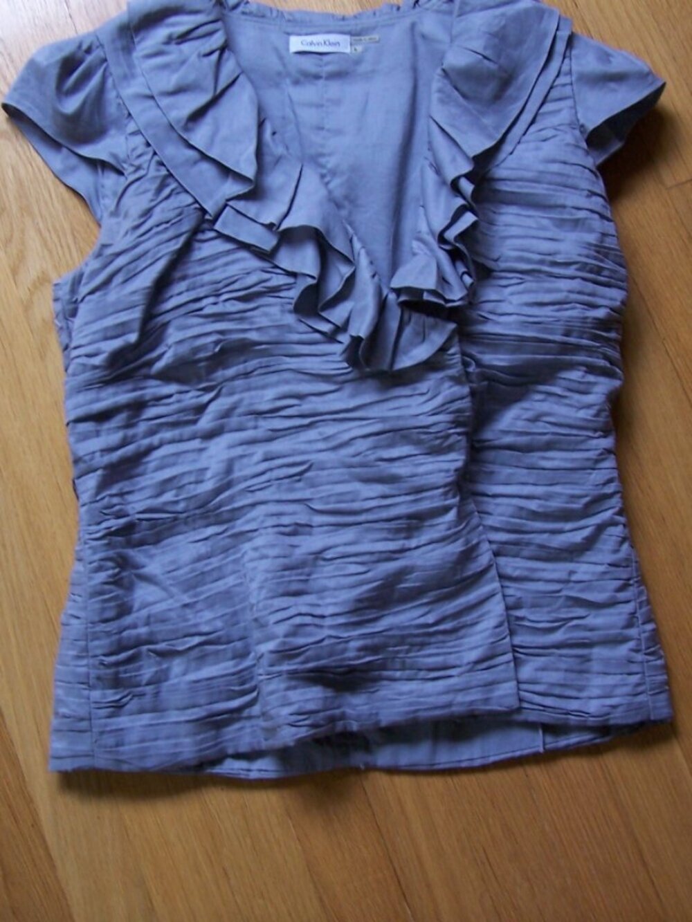 Calvin Ruched Gray Blouse on Front & Back Size L Runs Small
